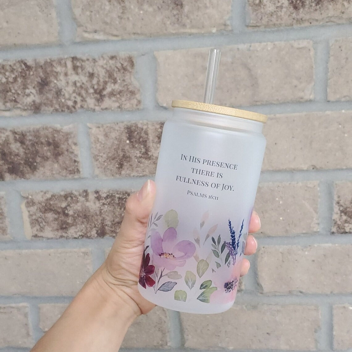 Christian Glass Can Flower Bible Verse, faith Jesus Frosted Glass Can. GCLAF24